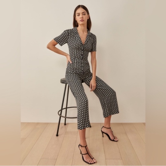 Reformation Bev Jumpsuit Giotto Sz 2 Wide Leg Black/White